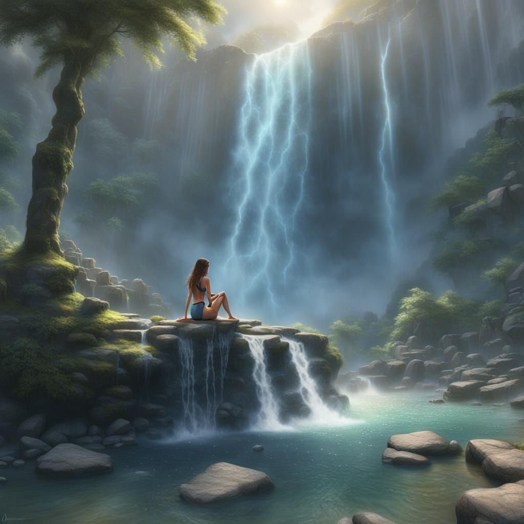 Girl in small bikini bathing under thundering waterfall, ethereal fantasy hyperdetailed mist Thomas Kinkade trending on ...