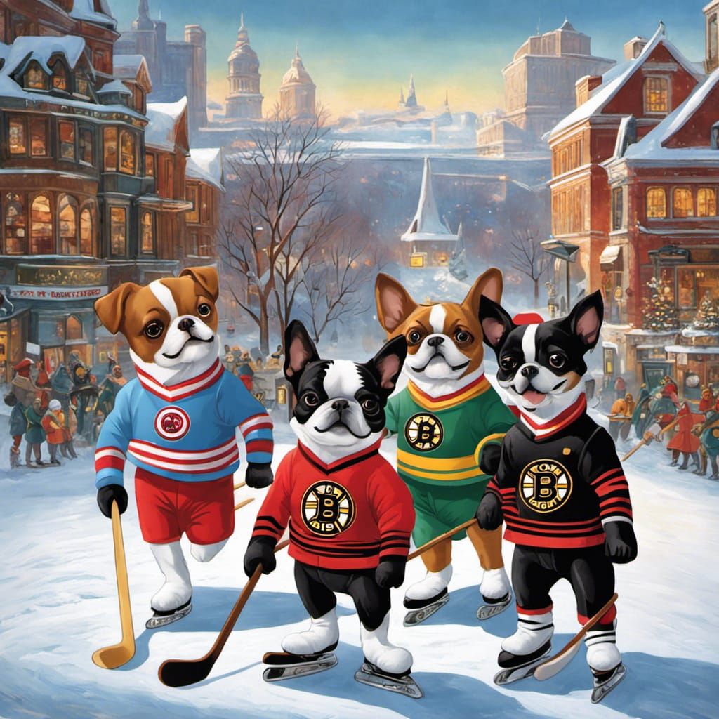 Boston Terriers Play Hockey: Impressionistic Comic Book Styl...