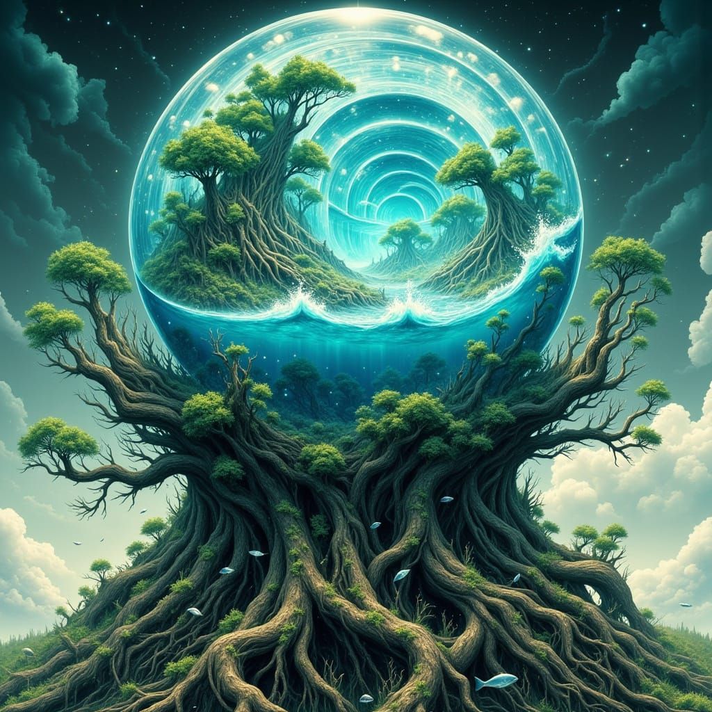 Whimsical Tree Heart with Crystal Ball and Ocean