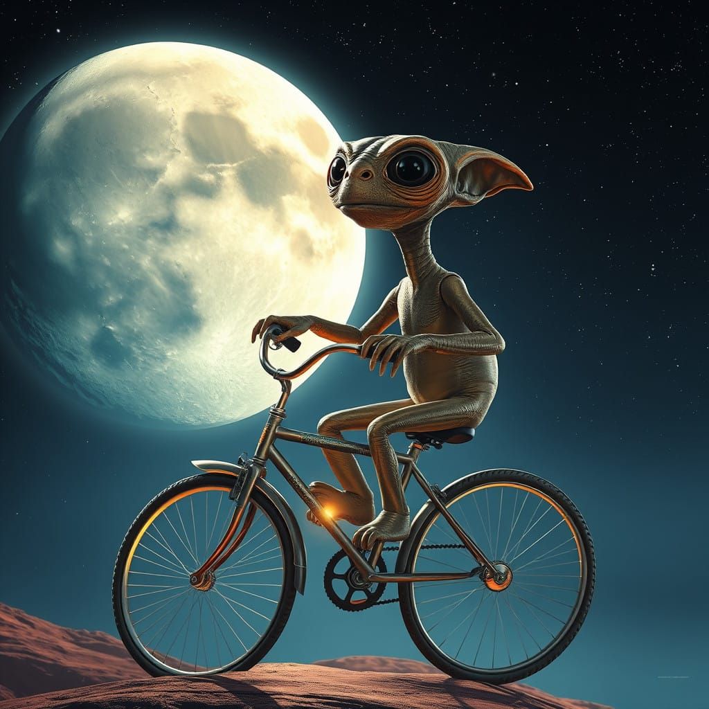 E.T. Pedals Vintage Bicycle to the Moon in a Dreamlike Lands...