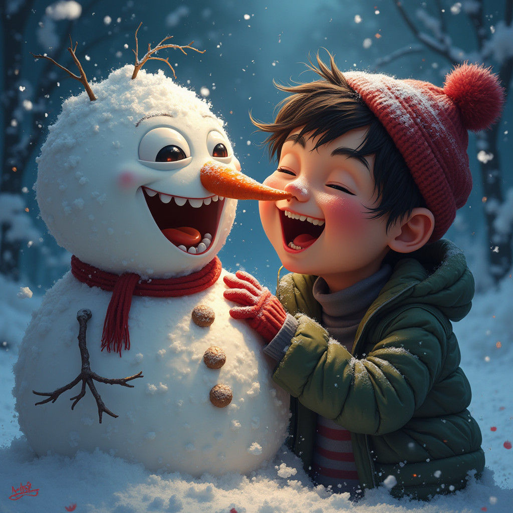 Evil Kid Eats Snowman Nose: Hyperrealistic Art