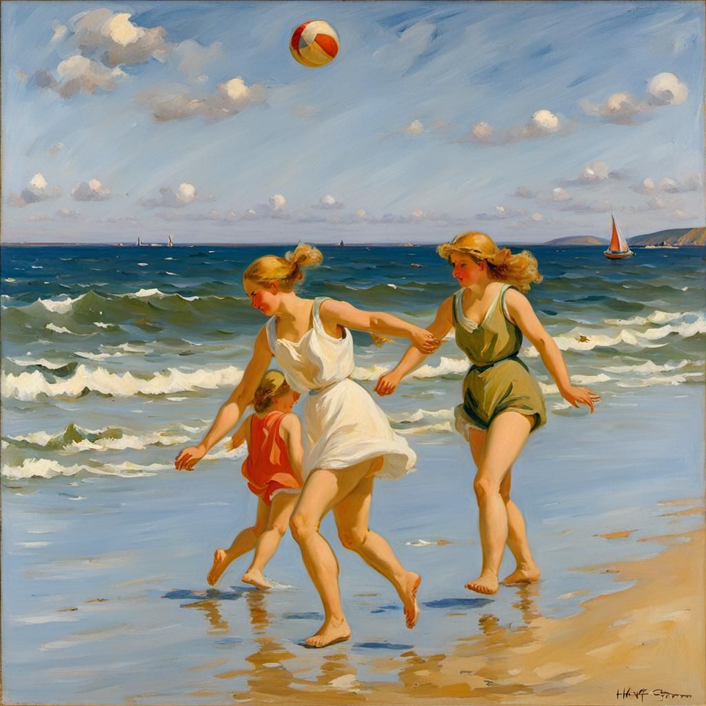Girls Playing at the Beach in Impressionistic Style