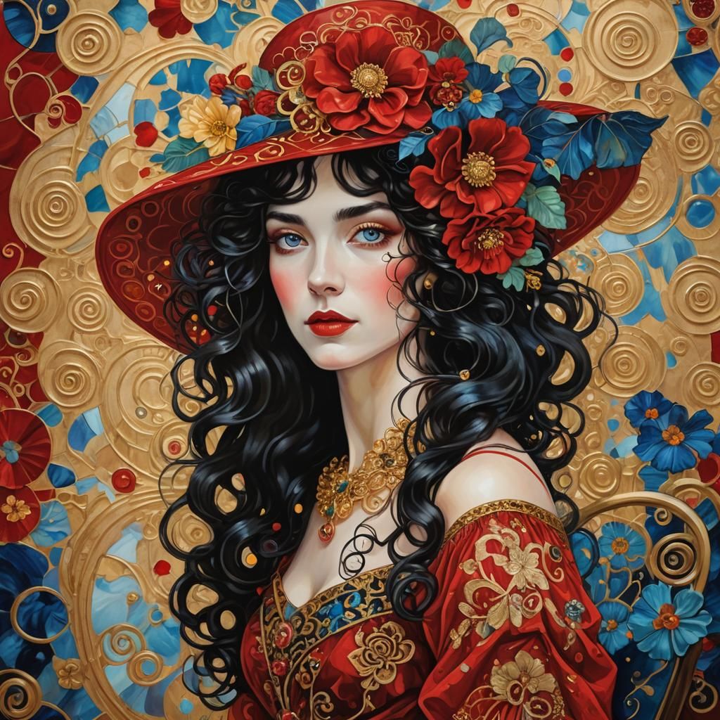 Elegant Woman in Red Hat: Klimt-Inspired Digital Portrait