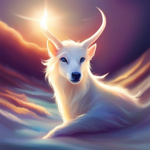 Dog with Rainbow Horns in Divine Sunshine