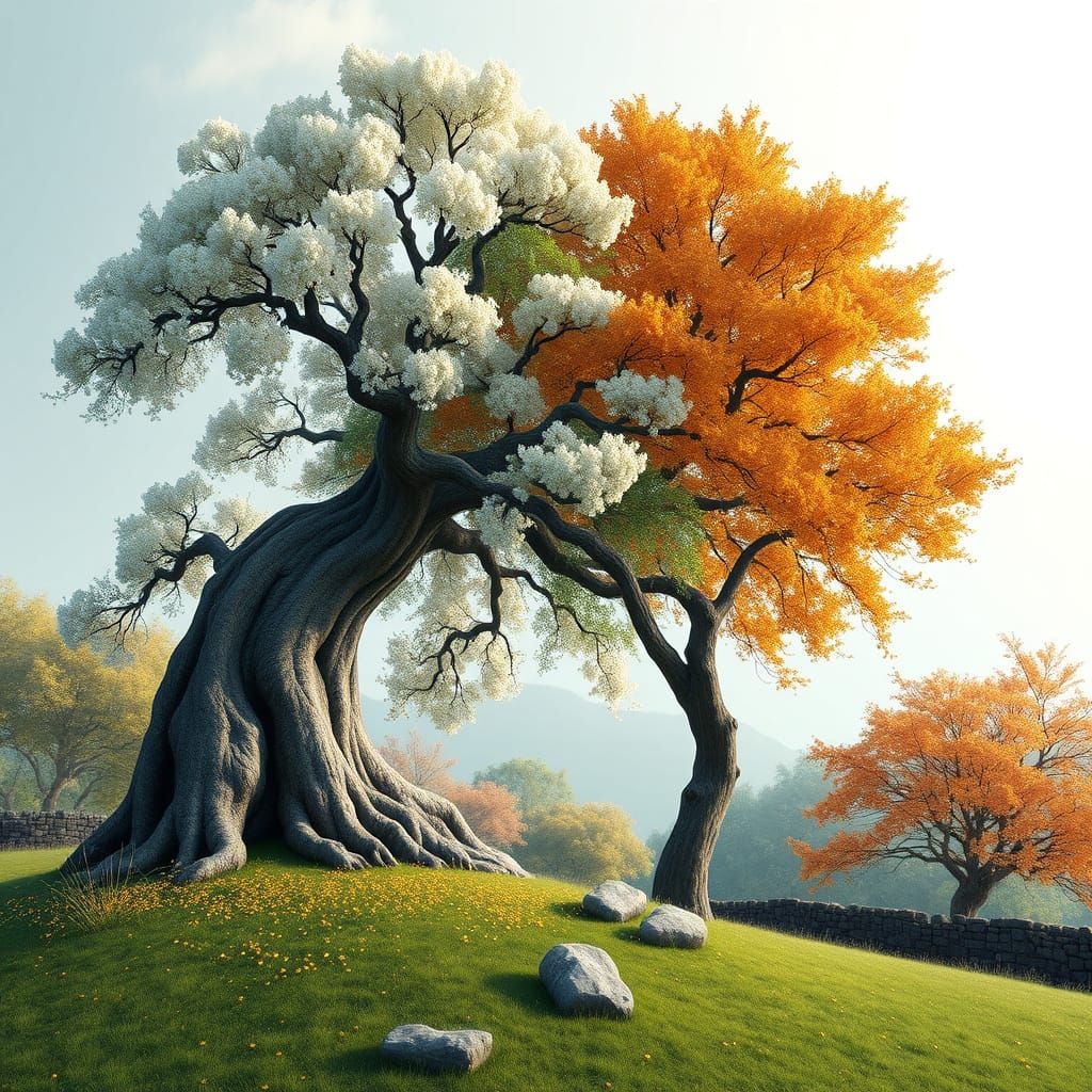 Two Trees: Spring Blossom Meets Autumn Gold