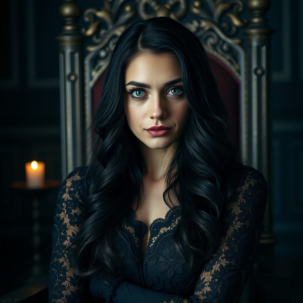 Mysterious Emerald-Eyed Woman in Gothic Setting