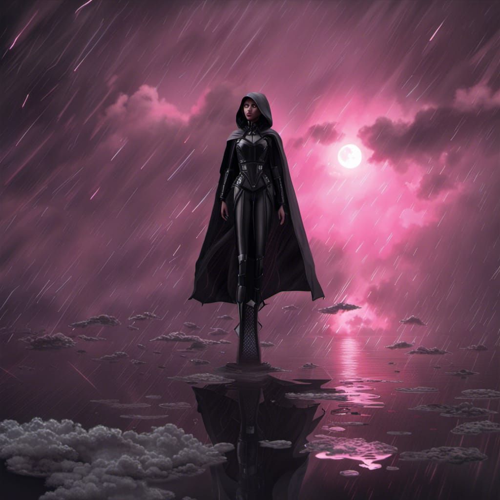 Darth Barbie in Moonlit Storm with Liquid Reflections