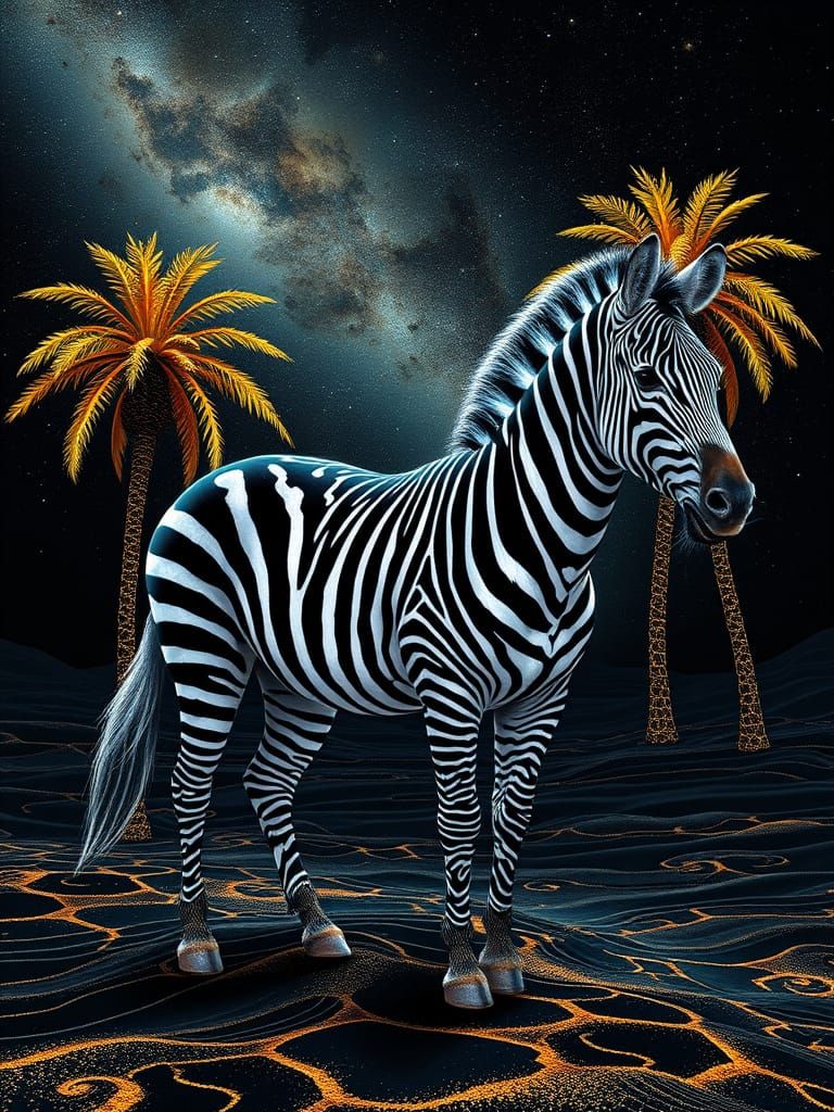 Bioluminescent Zebra in Fractal Desert Oasis