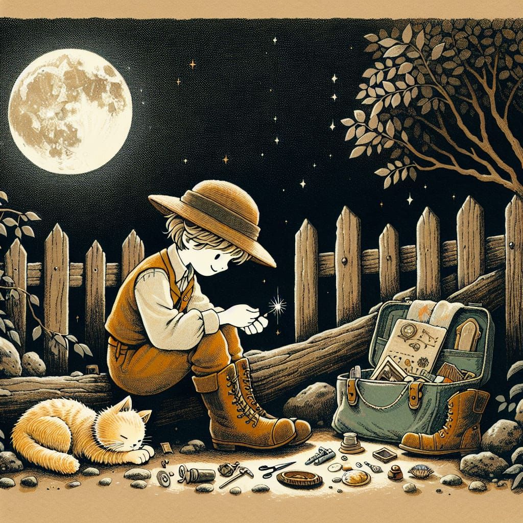 Moonlit Anime Character with Cat Illustration