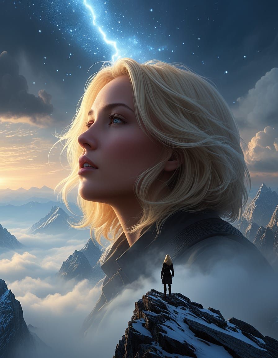 Surreal Mountain Vista: Woman Gazes at Starry Sky