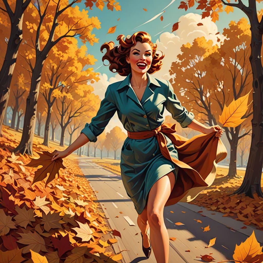 Pin-Up Girl Chasing Leaf on Autumn Day