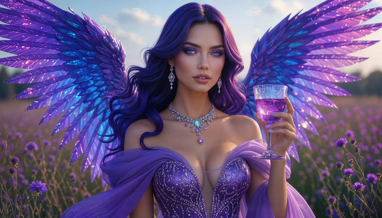 Iridescent Purple Ball Gown Woman with Heavenly Wings