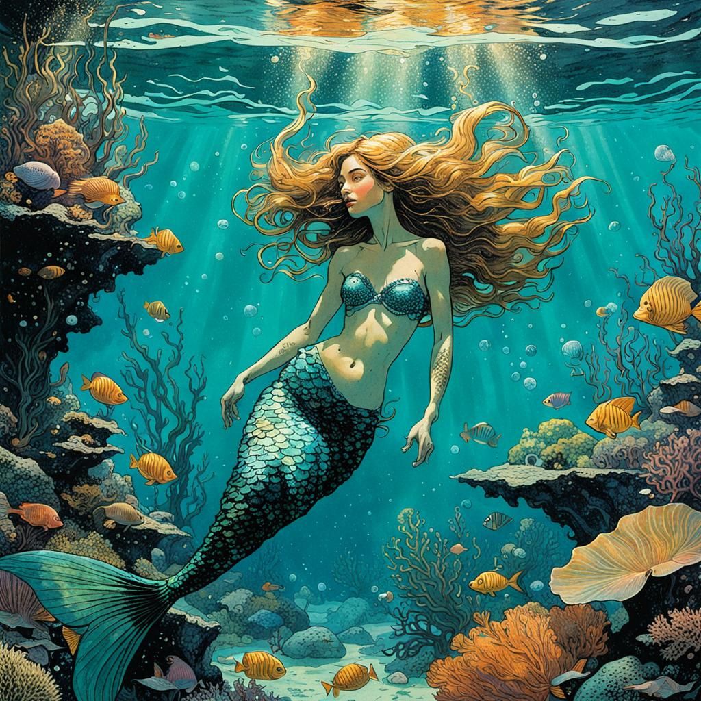 Enchanting Mermaid in Fantasy Illustration Style