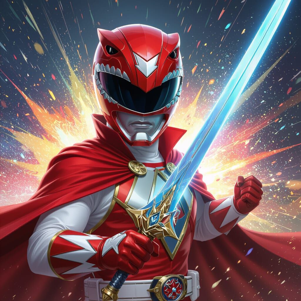 Red Ranger Shark Helmet With Blue Outline Sword