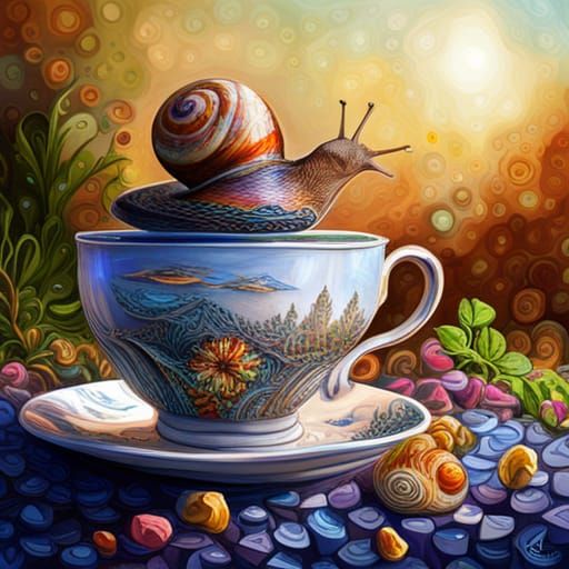 Snail in Teacup: Hyperdetailed Fantasy Photo