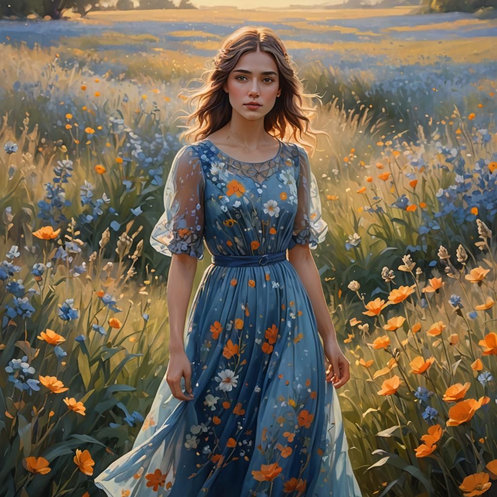 Girl in Flowy Dress in Impressionist Painting