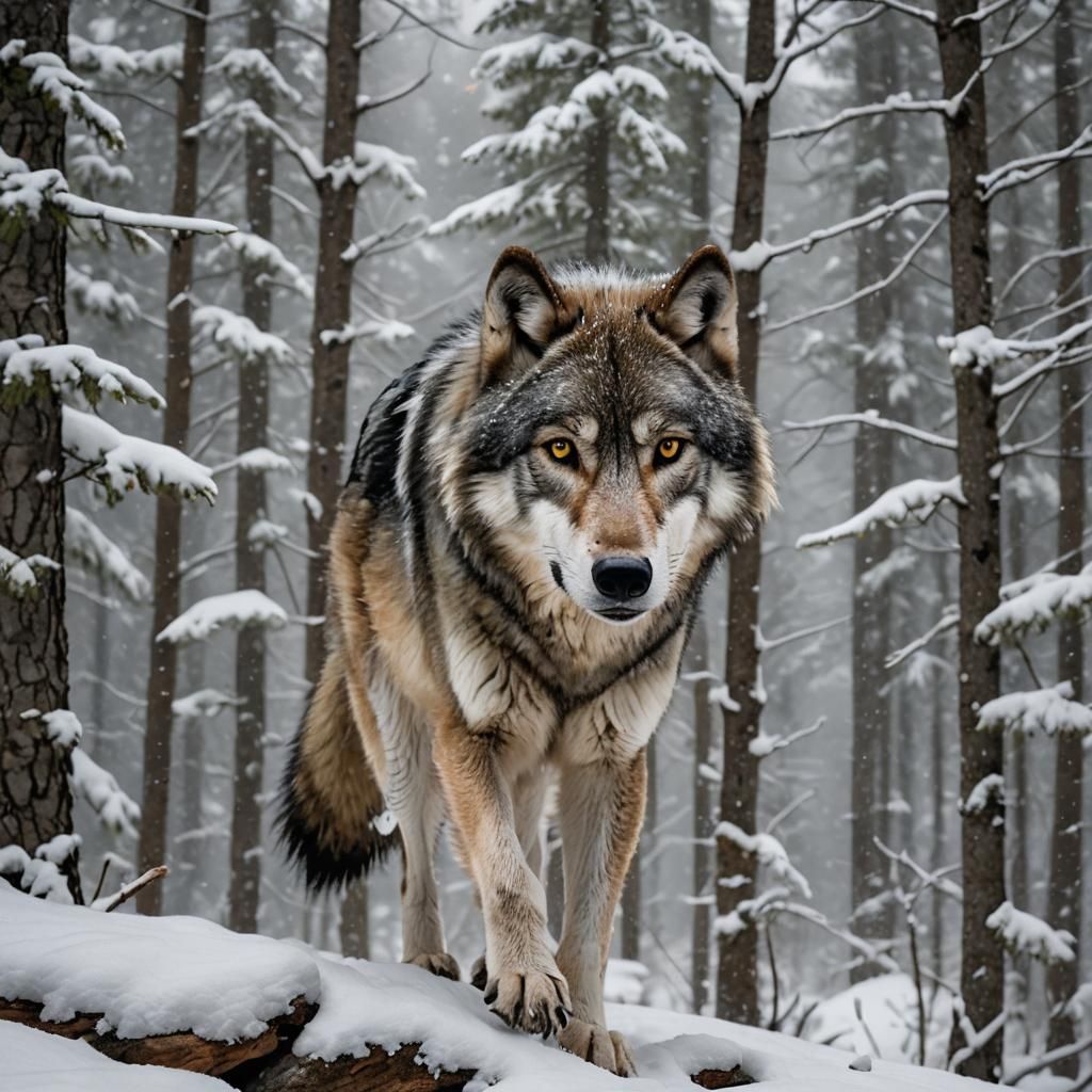 Stalking Grey Wolf in Snowy Mountain Forest