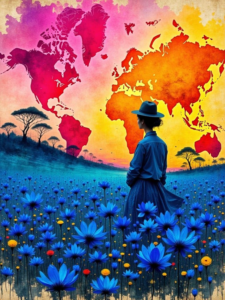 Woman in Blue Cornflower Field with Abstract Sunset Map