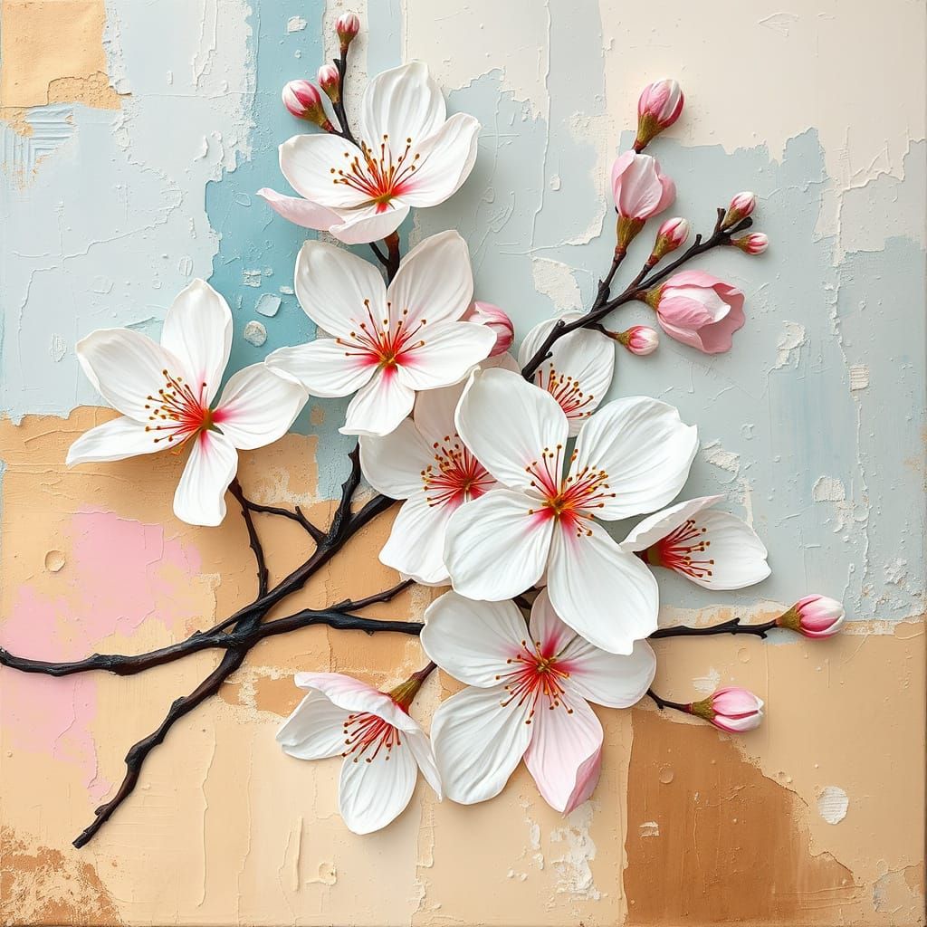 Cherry Blossoms in Mondrian-esque Impasto Style
