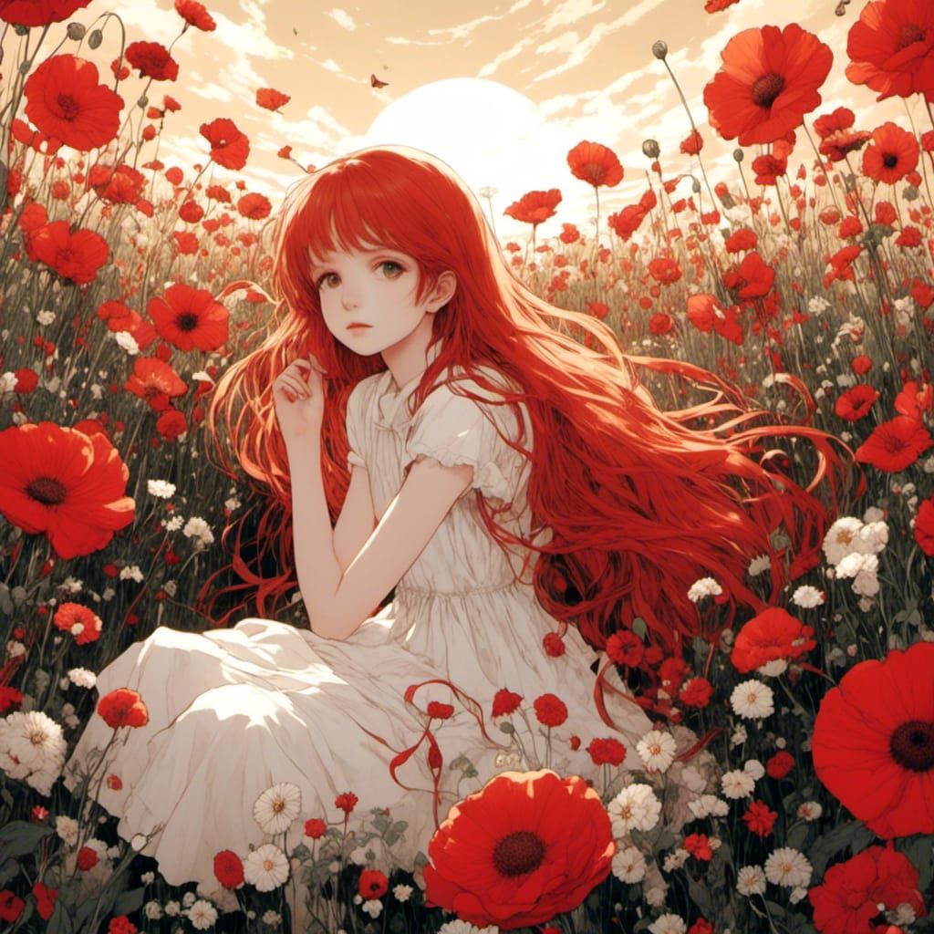 Anime Girl in Flower Field at Golden Hour