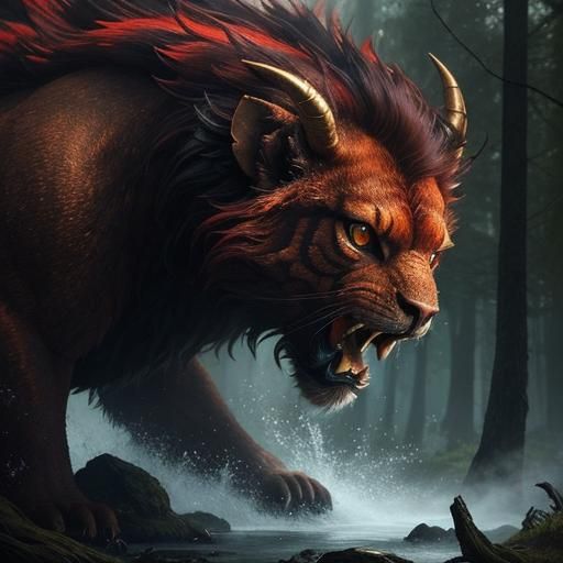 Detailed Manticore Portrait at Forest Lake