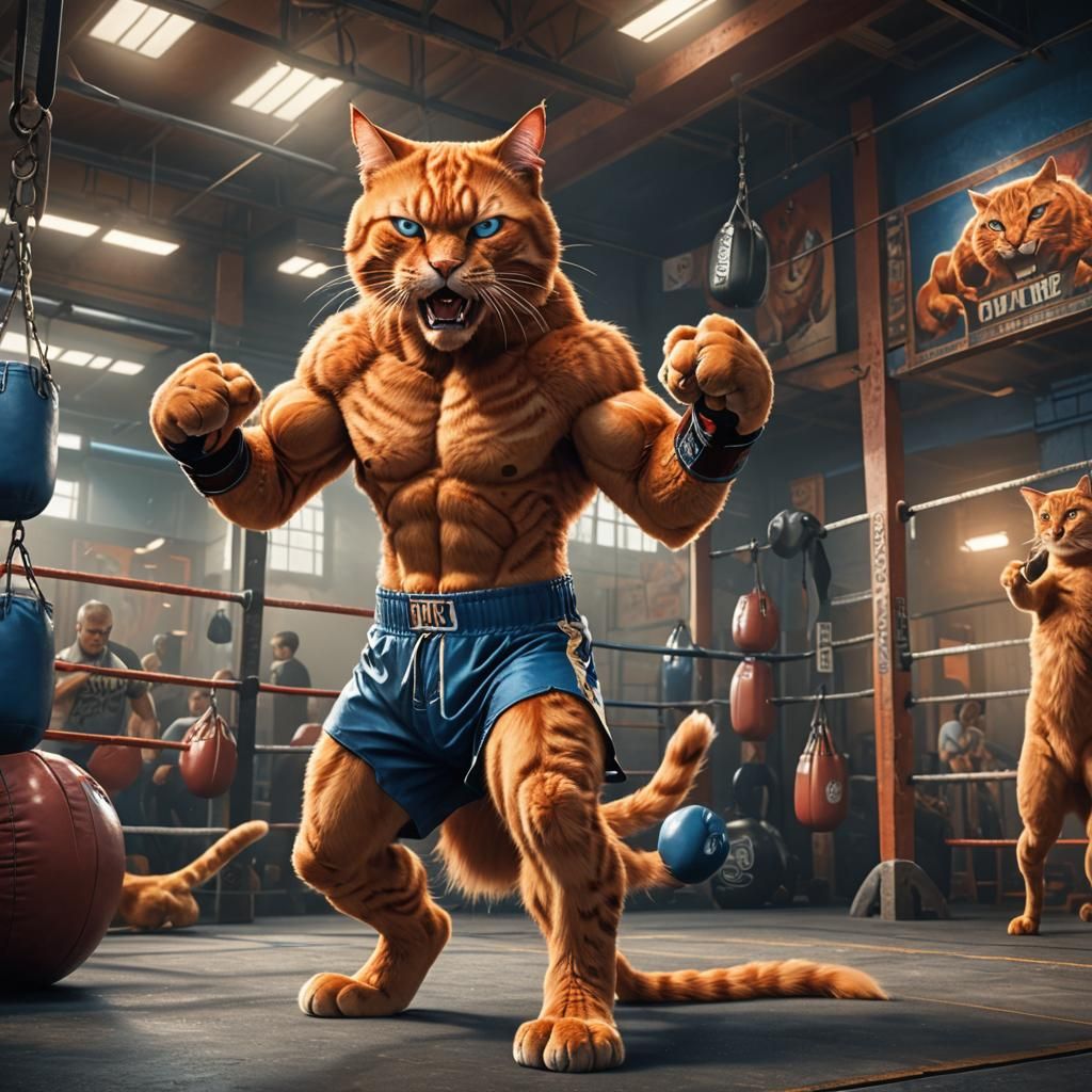 Muscular Orange Cat in Boxing Gym: Fantasy Art