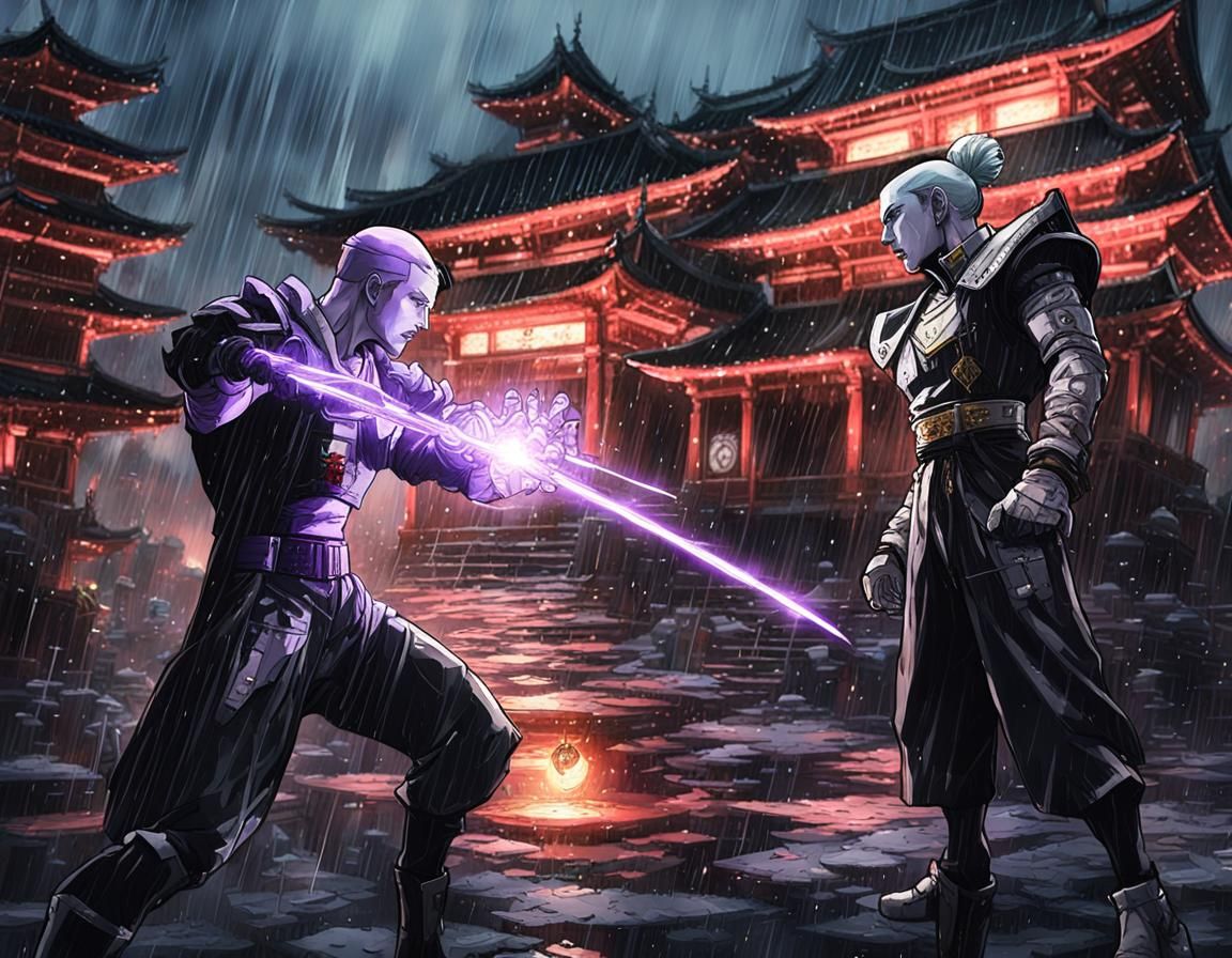 Anime Characters Clash in Cyberpunk Fantasy Art