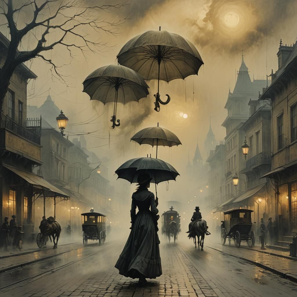 Victorian Woman in Fog, Ink Painting Style