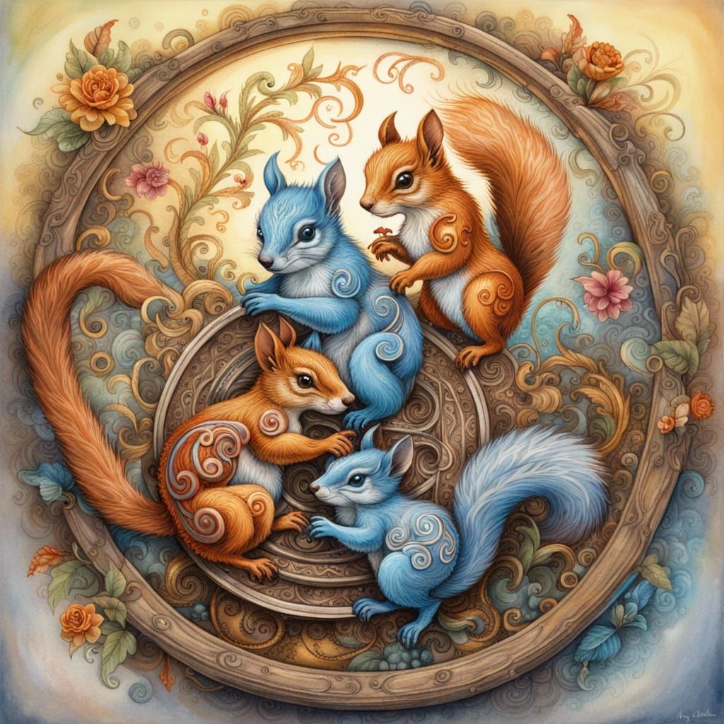 Squirrels in a Wheel: Gouache Watercolor Fantasy
