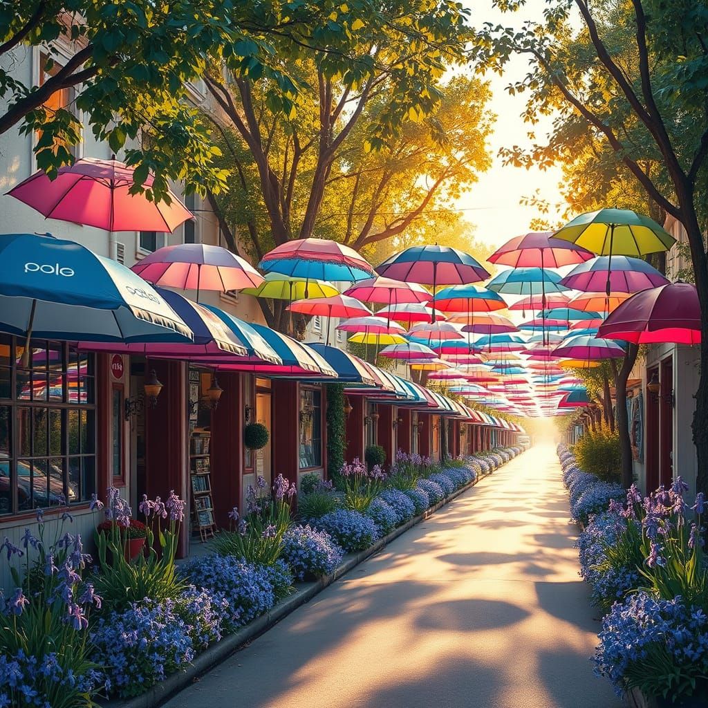 Colourful Umbrellas Cover the Whimsical Street in Petal Pink