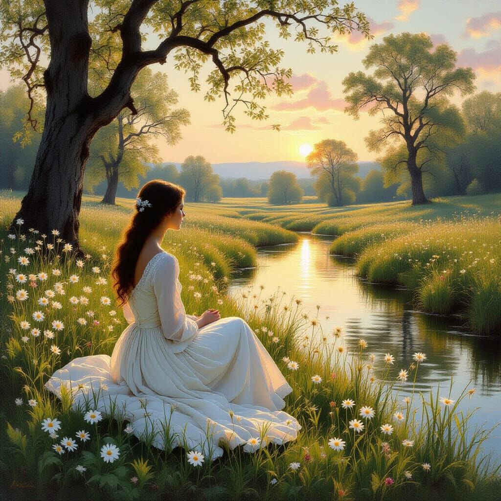 Serene Woman in Meadow, Hudson River School Style