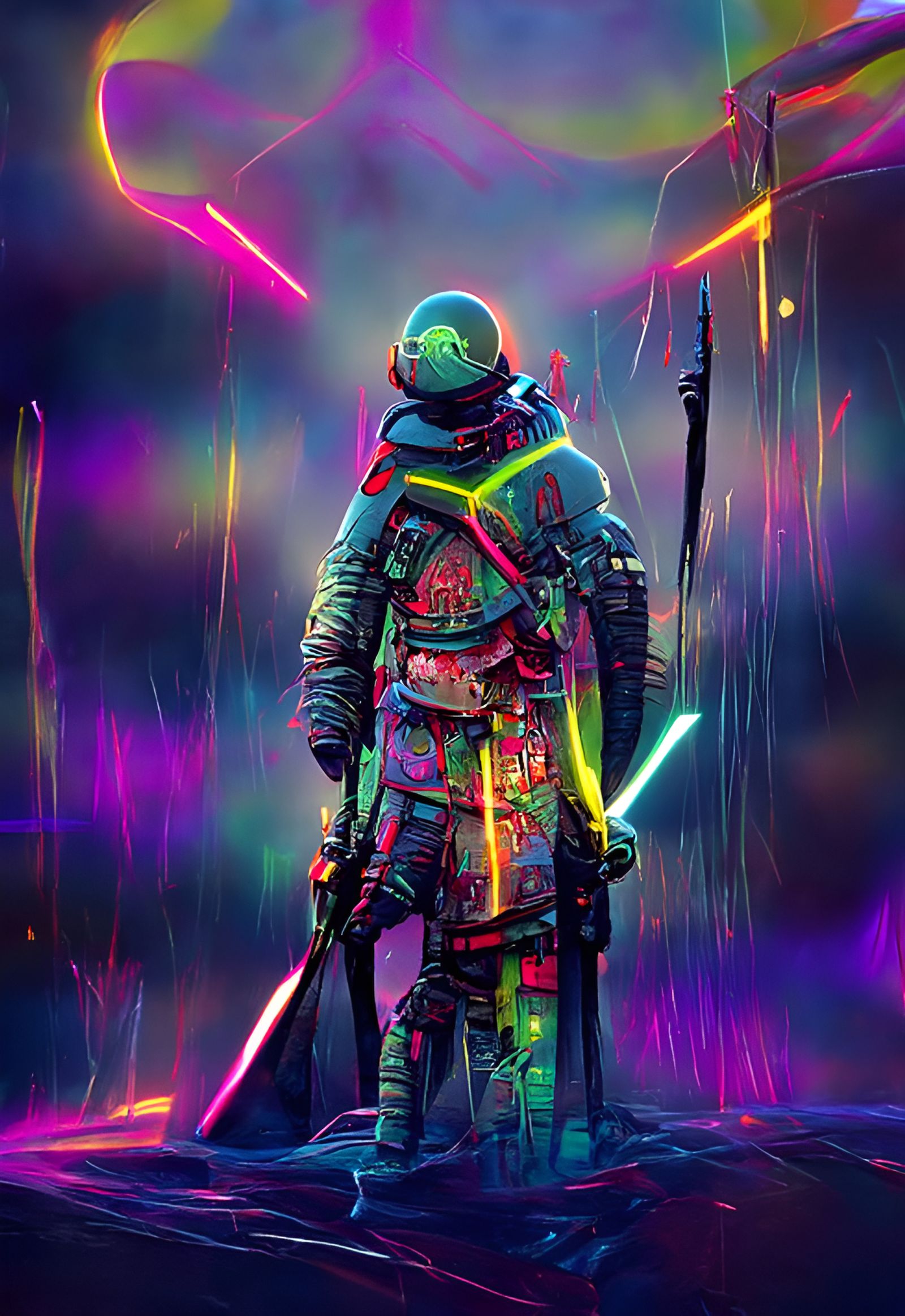 Neon Warrior with Boba Fett Armor in Retrofuturism Style