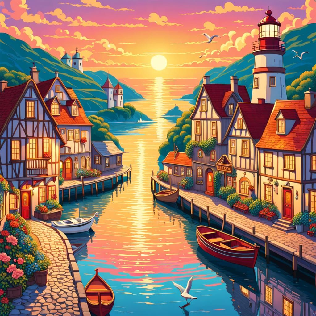 Whimsical Coastal Village at Sunset in Vintage Style