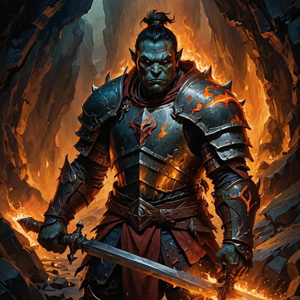 Epic Half-Orc Paladin in Dark Fantasy Art Style