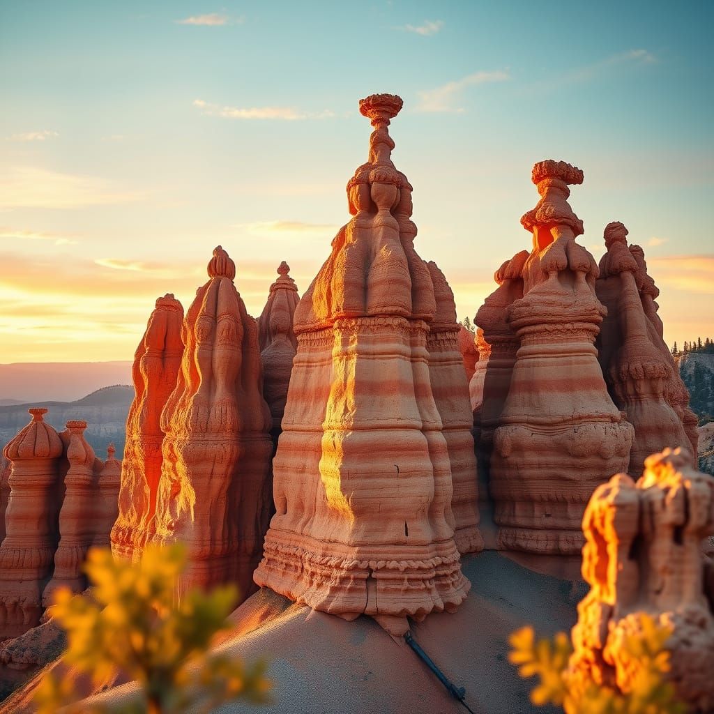 Ethereal Hoodoo Formation in Warm-Hued Bryce Canyon Landscap...