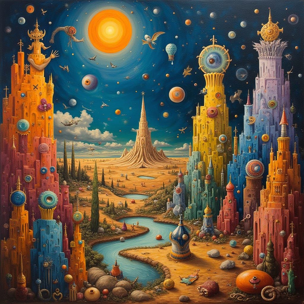 Surrealist Dreamscape in Cubist Style with Geometric Shapes