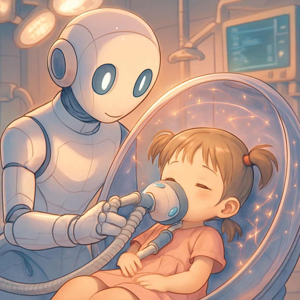 Futuristic Anime Baby in Operating Room with Robot Dentist