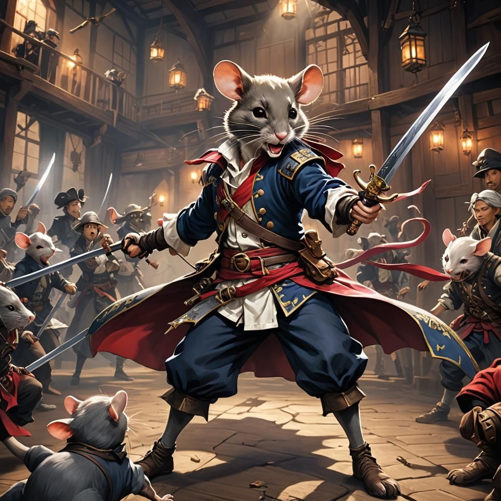 realistic, swashbuckling, mouse, fancy costume, wielding a s...