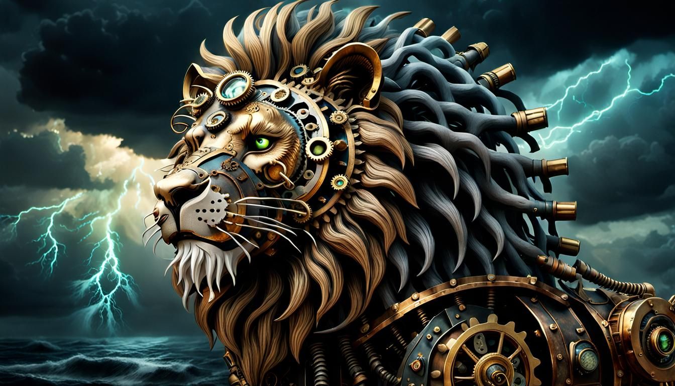 Steampunk Lion with Bioluminescent Muzzle in Stormy Scene