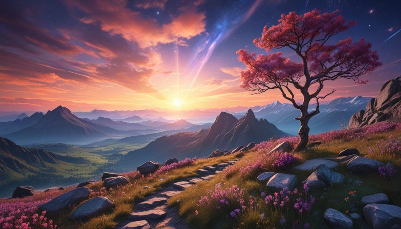 Spring Landscape with Cosmic Sunset: 8k Illustration