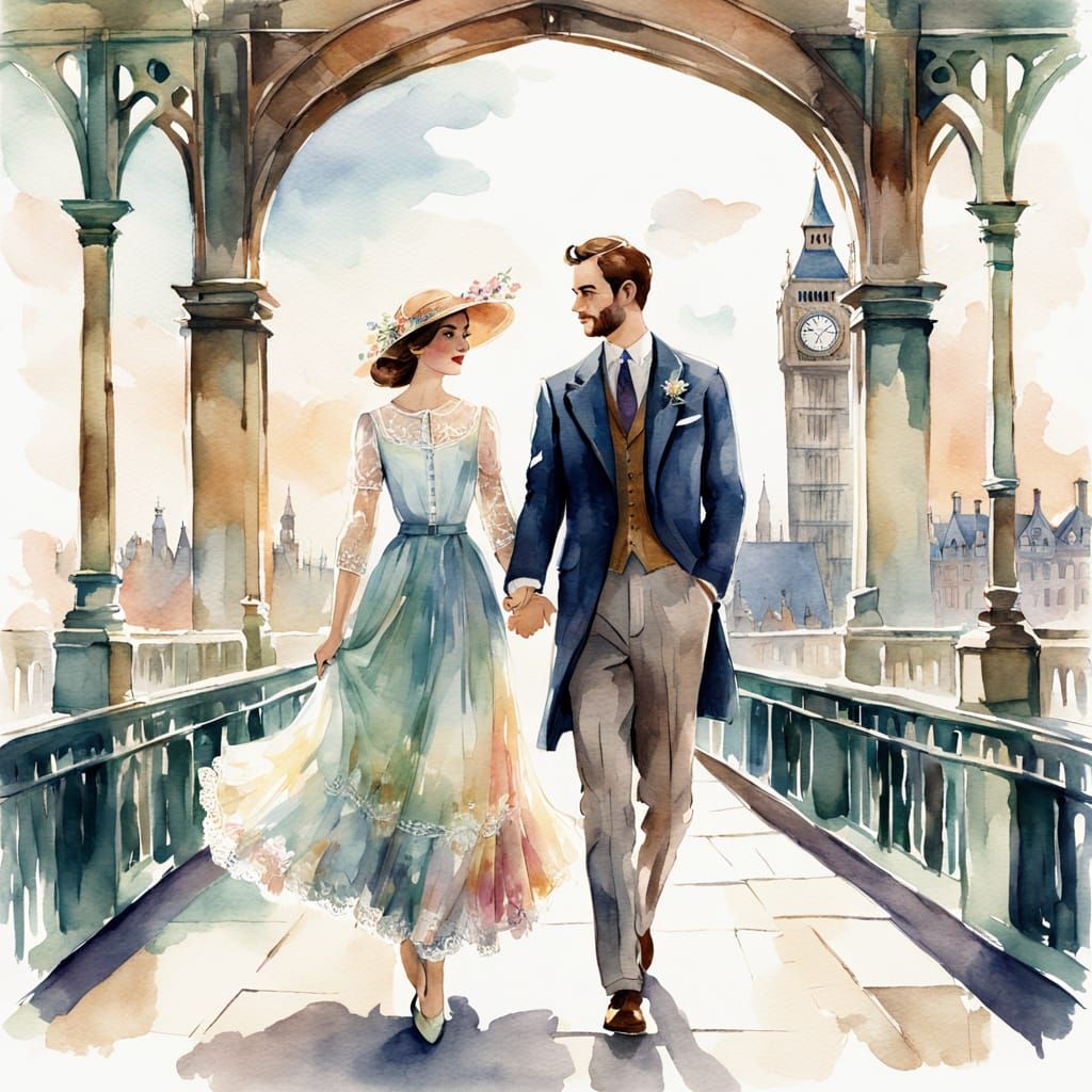 Vintage Watercolor Couple Strolling on London Bridge