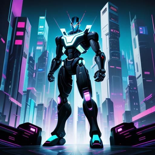 Futuristic Robot in Cityscape: Vibrant Cartoon Illustration