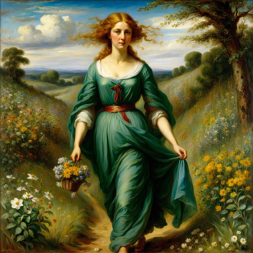 Woman in Wildflower Meadow, Pre-Raphaelite Style