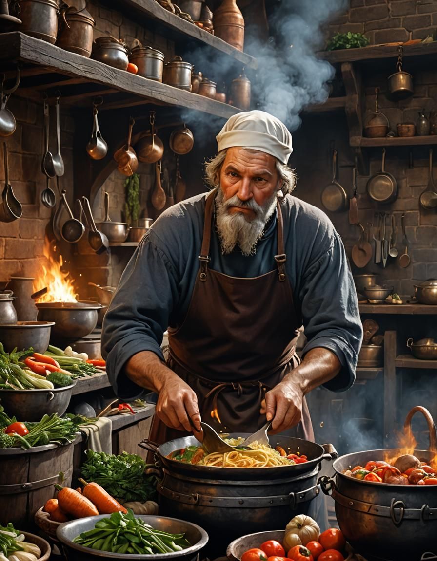 Medieval Cook in Bustling Kitchen, Dark Fantasy Art