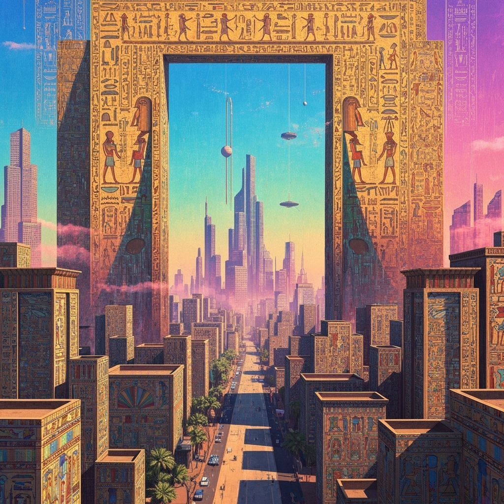 Futuristic Egyptian Cityscape with Hieroglyphic Patterns