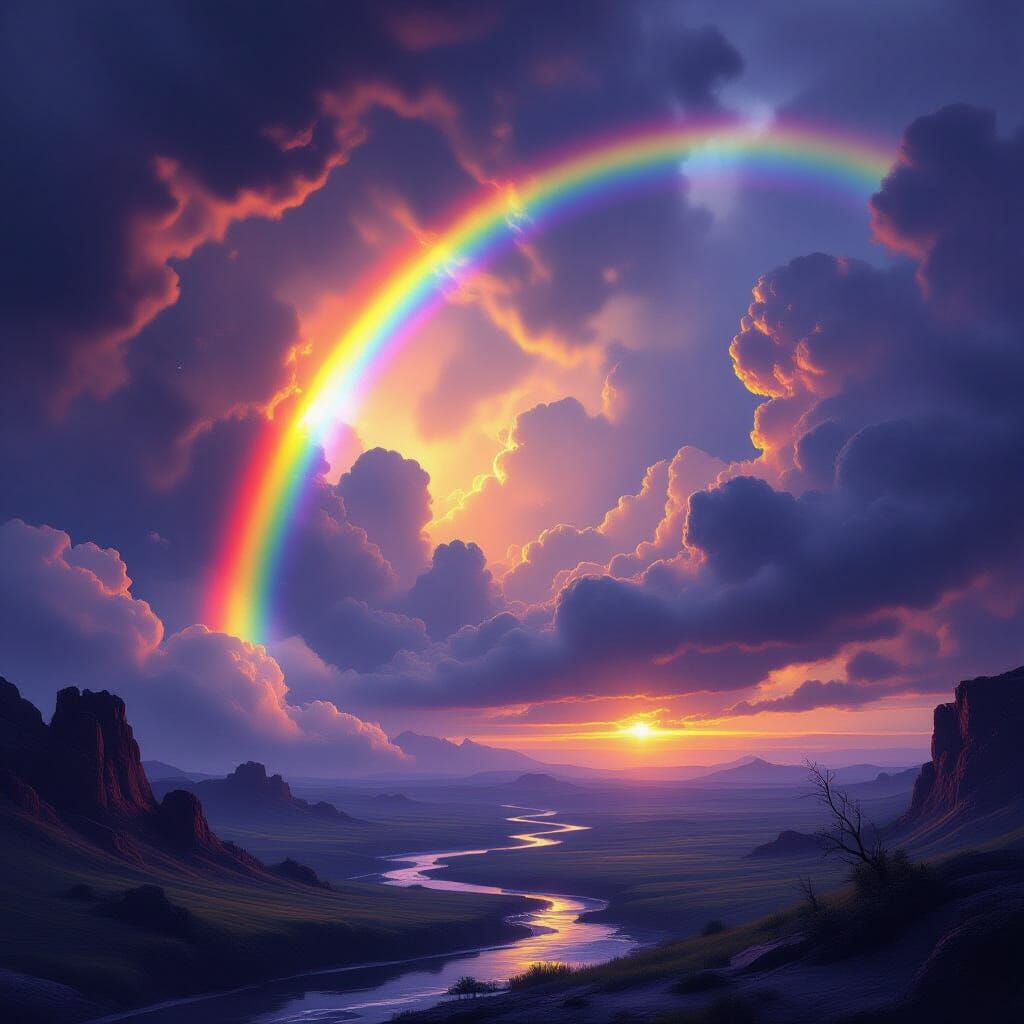 Stormy Fantasy Landscape with Majestic Rainbow