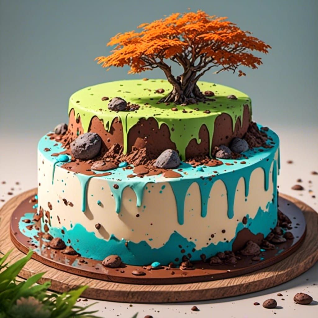 Anime Landscape Adorns Cream Cake in Photorealistic 2.5D