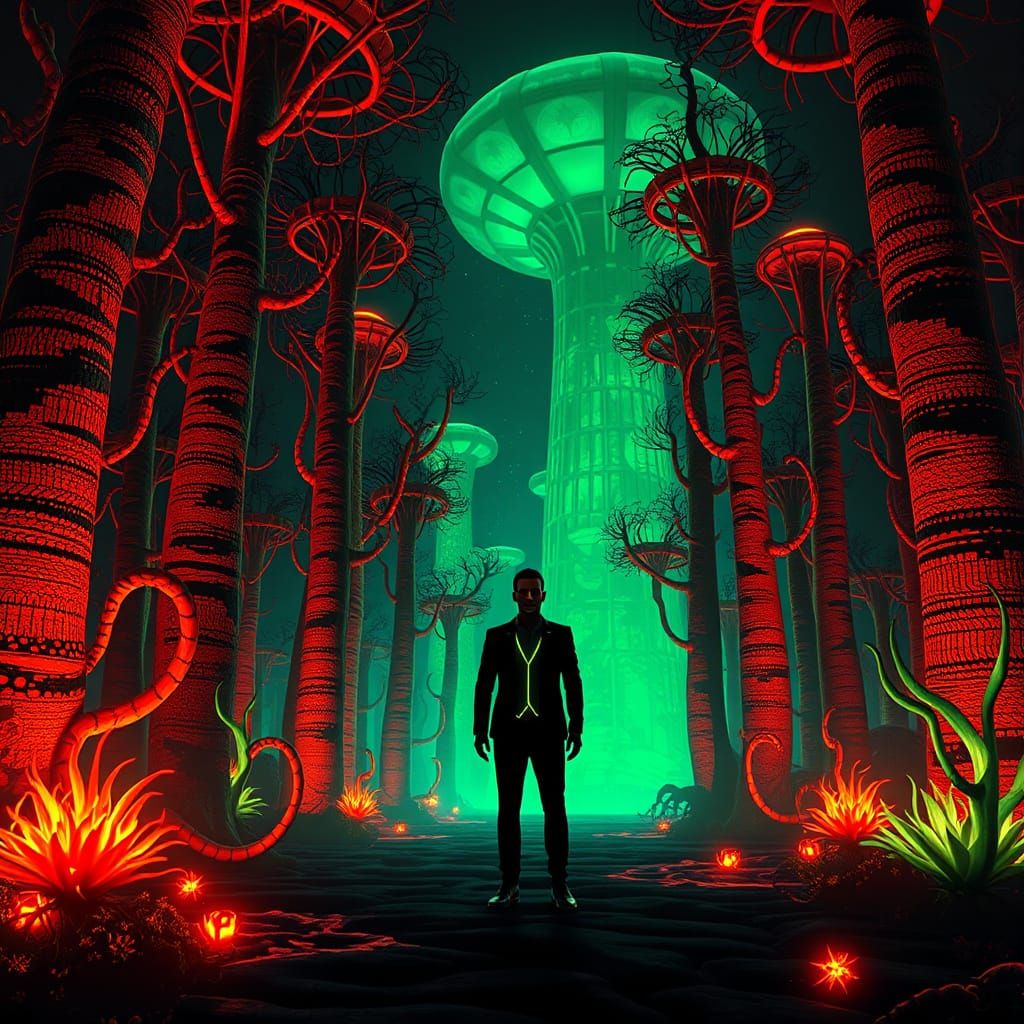 Neon Forest Figure in Dark Fantasy Style