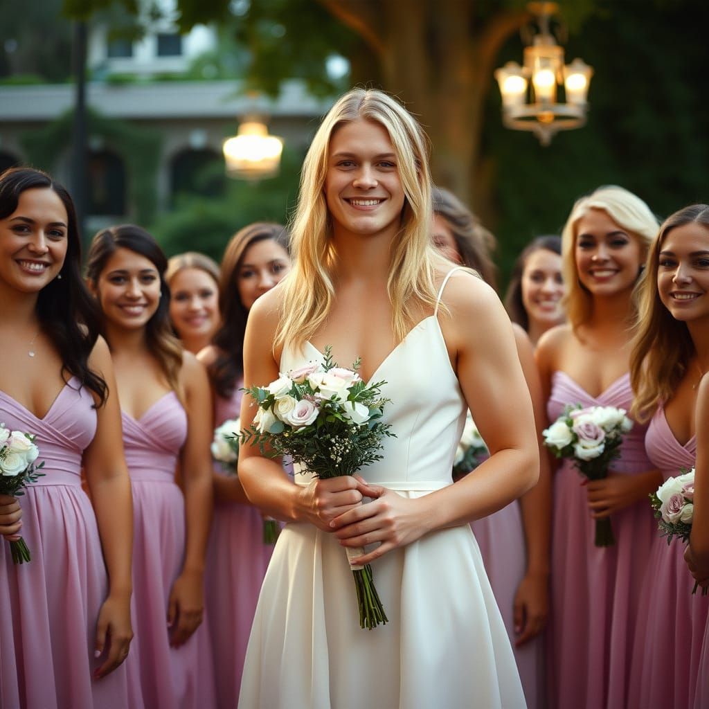 Blonde Man in Bridesmaid Dress Poses with Flowers