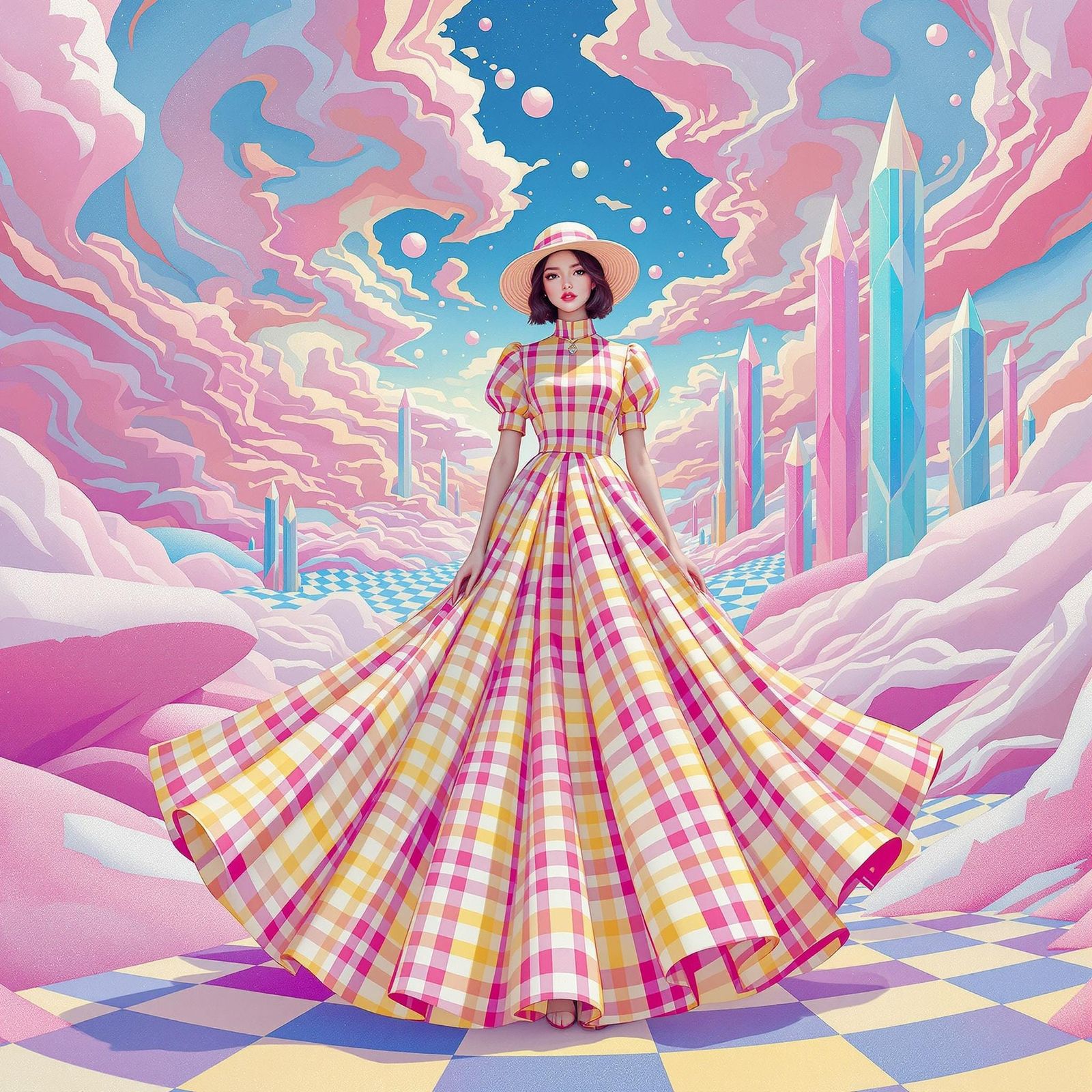 Gingham Goddess in Vibrant Dreamscapes